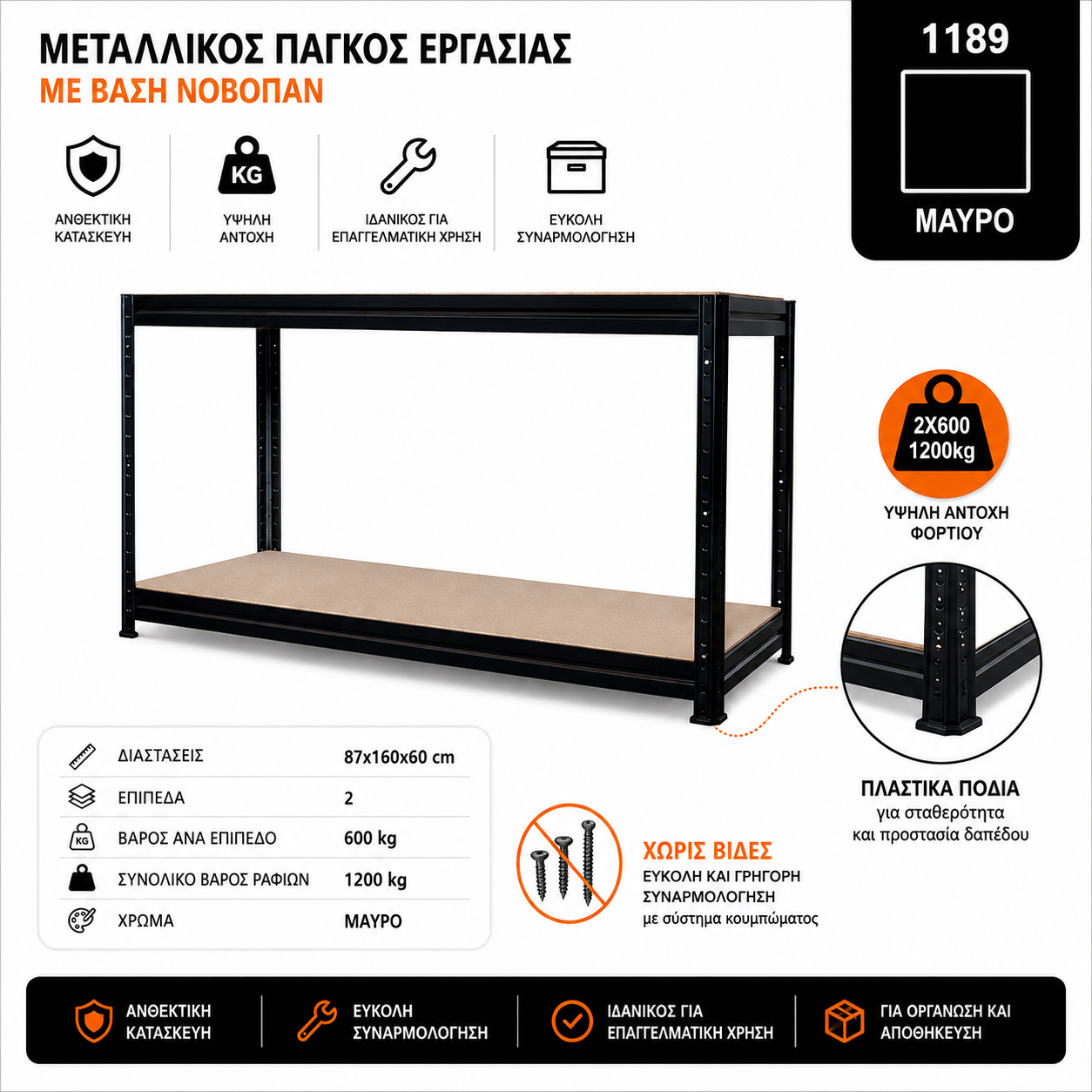 ΦΩΤΟΓΡΑΦΙΑ ΓΙΑ eshop 1189 Μεταλλικός Πάγκος Εργασίας με ράφια Νοβοπάν διαστάσεων 87x160x60cm, 2x600kg kωδ. 1189 - Image 1